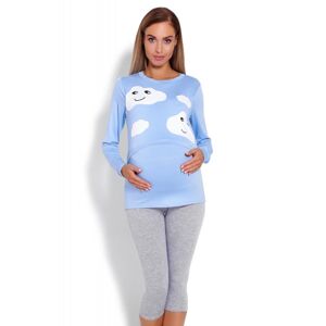Materské modré pyžamo s legínami so zvýšeným pásom a kŕmnym panelom - mraky v akcii